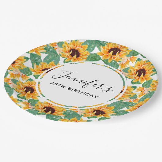 Assiettes En Carton Joli tournesol Jaune & Vert Motif Anniversaire (Angle)