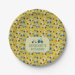 Assiettes En Carton Joli tracteur motif ocre jaune nom bébé Bib