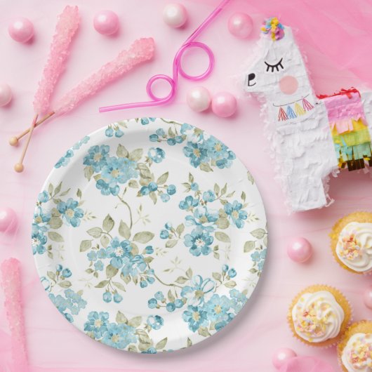 Assiettes En Carton Joli vert olive aqua turquoise floral aquarelle (Fête)