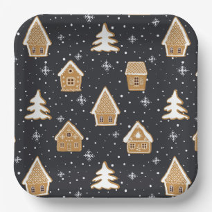 Assiettes En Carton Joli Village de Biscuits de Noël Sapins Bleu Noël