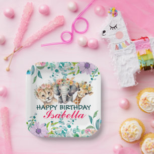 Assiettes En Carton Joli zoo floral jungle Animaux Anniversaire Bienve