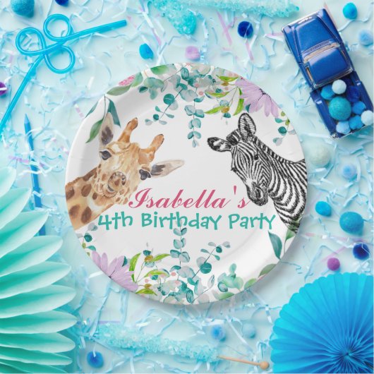 Assiettes En Carton joli zoo Giraffe animaux jungle Floral Anniversair (Fête)
