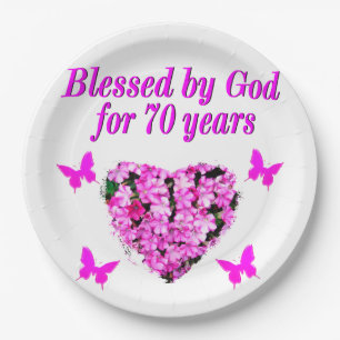 ASSIETTES EN CARTON JOLIE 70E ROSE FLORALE CONCEPTION ANNIVERSAIRE