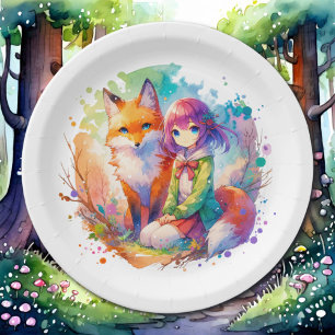 Assiettes En Carton Jolie aquarelle Anime Girl et Fox Anniversaire