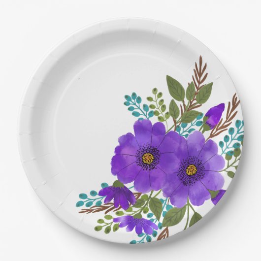 Assiettes En Carton Jolie Aquarelle violette Fleurs (Devant)