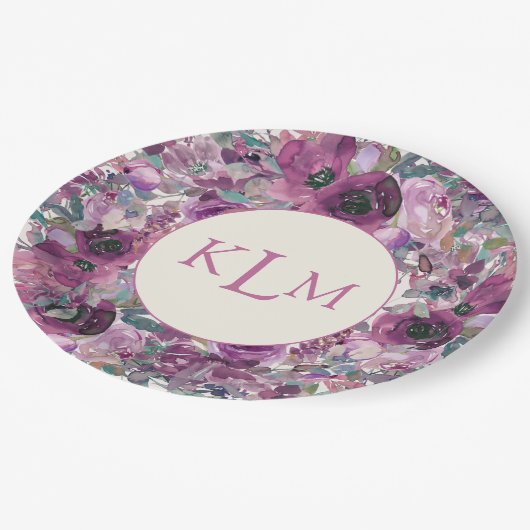Assiettes En Carton Jolie aquarelle violette Monogramme floral (Angle)