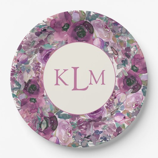 Assiettes En Carton Jolie aquarelle violette Monogramme floral (Devant)