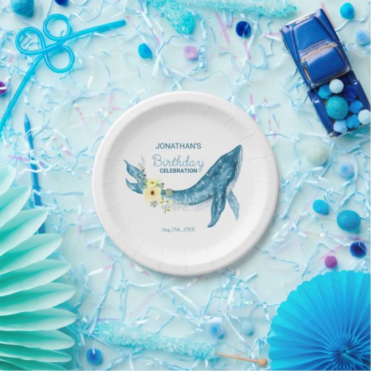 Assiettes En Carton Jolie Baleine Bleue Jaune Fleur fête d'anniversair (Fête)