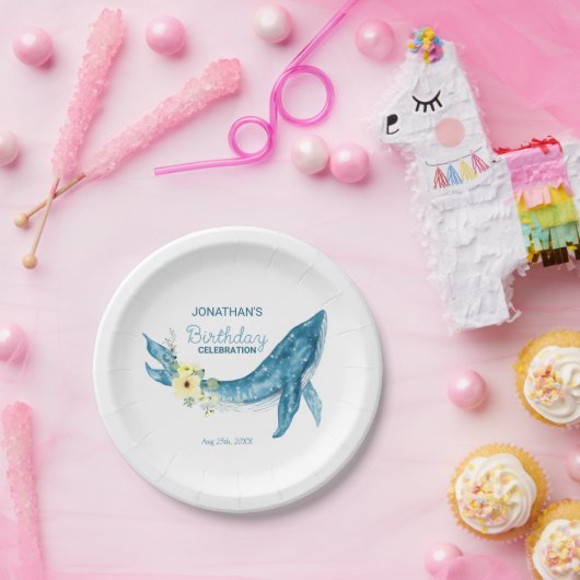 Assiettes En Carton Jolie Baleine Bleue Jaune Fleur fête d'anniversair (Fête)