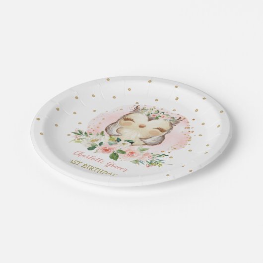 Assiettes En Carton Jolie Chouette Rose Or Filles Filles Anniversaire  (Angle)