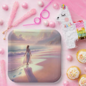 Assiettes En Carton Jolie Femme Laissant des empreintes sur une plage (Fête)