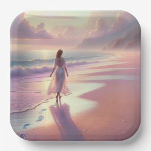 Assiettes En Carton Jolie Femme Laissant des empreintes sur une plage