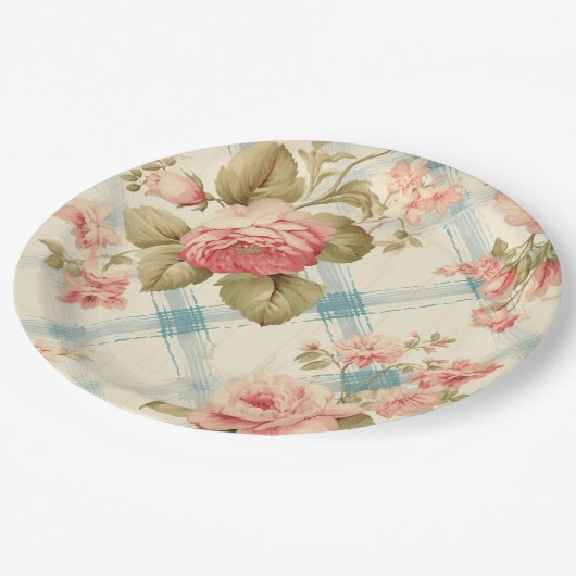 Assiettes En Carton Jolie ferme Rustique Roses Roses Rose (Angle)