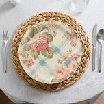 Assiettes En Carton Jolie ferme Rustique Roses Roses Rose<br><div class="desc">Très joli style rustique/ferme/cottage avec roses roses roses,  feuillage vert sauge et bandes d'aquarelle bleu turquoise poussiéreux sur arrière - plan jaune pastel/buff.</div>