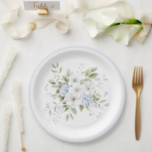 Assiettes En Carton Jolie Fête de Mariage Florale Bleue Blanche