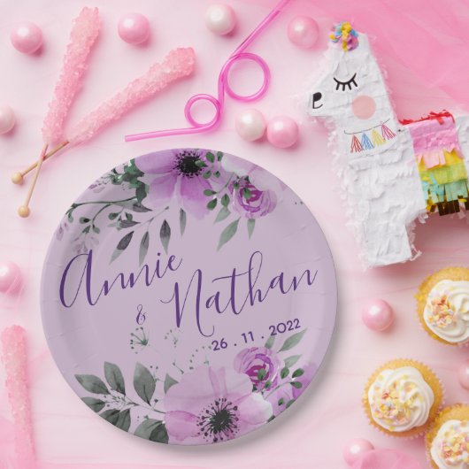 Assiettes En Carton Jolie fête de mariage romantique à fleurs violette (Fête)