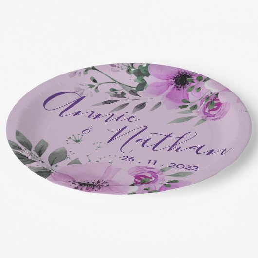 Assiettes En Carton Jolie fête de mariage romantique à fleurs violette (Angle)