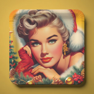 Assiettes En Carton Jolie fille de Noël rétro