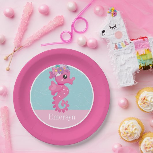 Assiettes En Carton Jolie fille Pink Seahorse Nom des enfants (Fête)