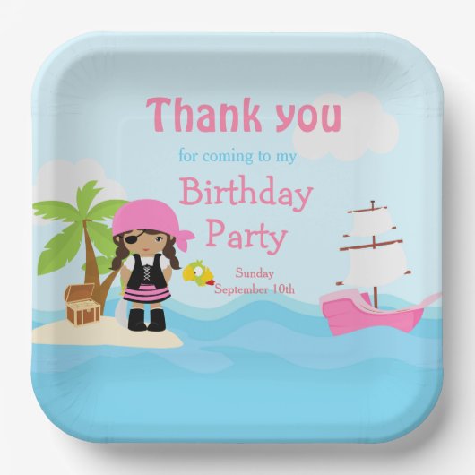 Assiettes En Carton Jolie fille pirate afro-américaine en rose anniver (Recto)