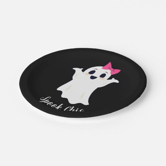 Assiettes En Carton Jolie Fille Rétro Fantôme avec poil rose (Angle)