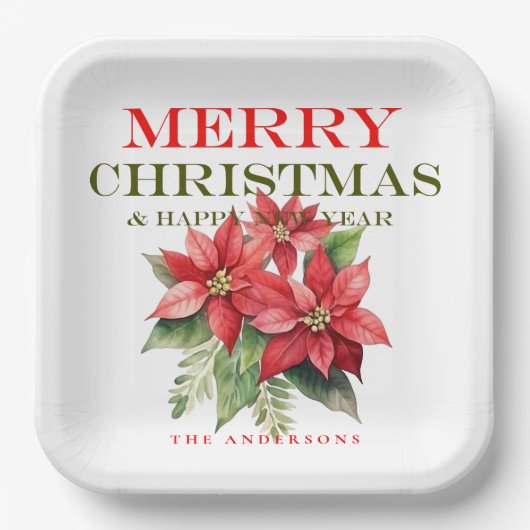 Assiettes En Carton Jolie Fleur Rouge Poinsettia Joyeux Noël (Recto)