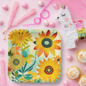 Assiettes En Carton Jolie folk Art Fleurs Jaunes (Fête)