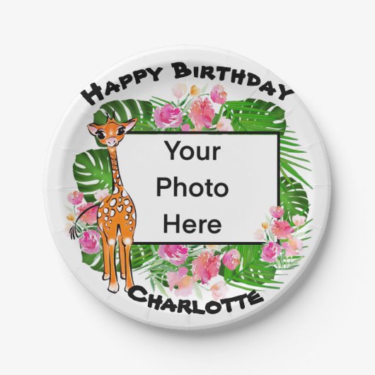 Assiettes En Carton Jolie girafe jolie forêt tropicale fleurie rose (Devant)
