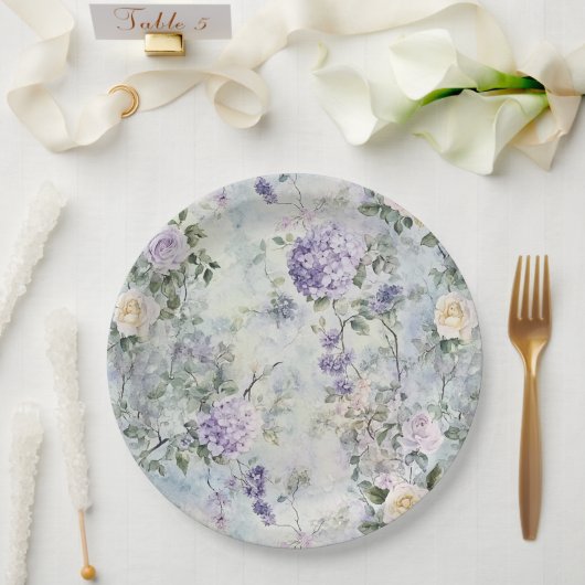 Assiettes En Carton Jolie Lavande violette Roses Blanches Mariage Flor (Mariage)