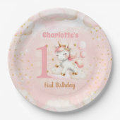 Assiettes En Carton Jolie licorne fille 1er anniversaire rose beige (Devant)