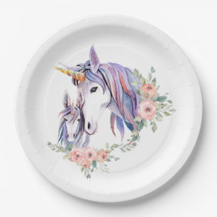 Assiettes En Carton Jolie licorne maman & bébé aquarelle Floral