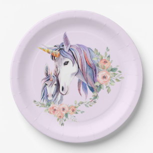 Assiettes En Carton Jolie licorne maman & bébé aquarelle Floral