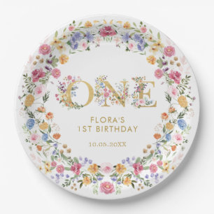 Assiettes En Carton Jolie petite fille Fleur sauvage 1ère fête d'anniv