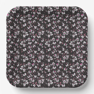 Assiettes En Carton jolie petite fleur blanche rose sur fond noir