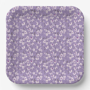 Assiettes En Carton jolie petite fleur blanche violette avec fond bleu