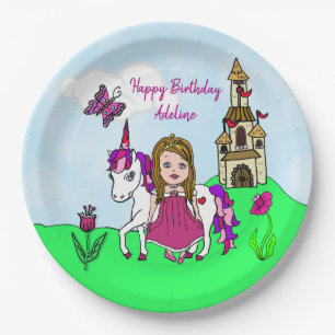 Assiettes En Carton Jolie Princesse et Unicorne fête d'anniversaire