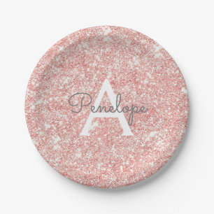 Assiettes En Carton Jolie Rose Gold  Glitter Rose Pailletée Monogramme