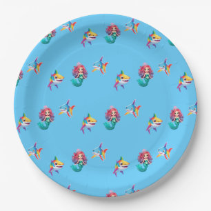 Assiettes En Carton Jolie Sirène requin arc-en-ciel fête d'anniversair