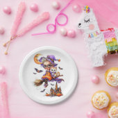 Assiettes En Carton Jolie sorcière et chaton dans une chambre (Fête)