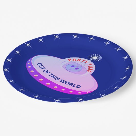 Assiettes En Carton Jolie soucoupe volante, alien & étoiles sur bleu r (Angle)