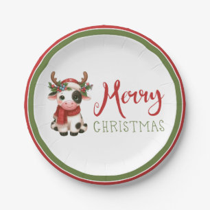 Assiettes En Carton Jolie vache de Noël mignonne