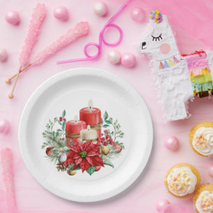 Assiettes En Carton Jolies bougies et bouquet Poinsettia Noël