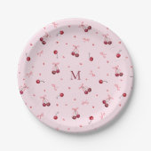 Assiettes En Carton Jolies cerises roses coeurs noeuds avec monogramme (Devant)