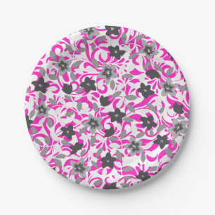 Assiettes En Carton Jolies fleurs abstraites roses grises blanches