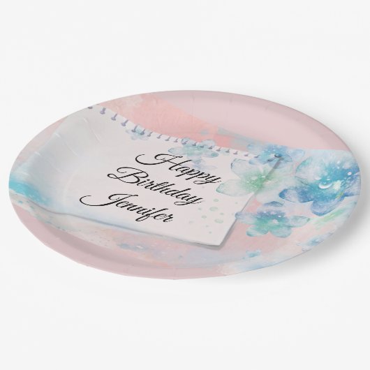 Assiettes En Carton Jolies fleurs bleues sur rose Arrière - plan Anniv (Angle)