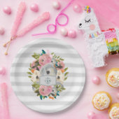 Assiettes En Carton Jolies fleurs d'aquarelle avec rayures gris chic (Fête)