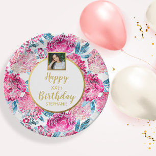 Assiettes En Carton Jolies fleurs, Joyeux anniversaire, texte photo pe