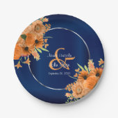 Assiettes En Carton Jolies fleurs orange sur bleu marine (Devant)