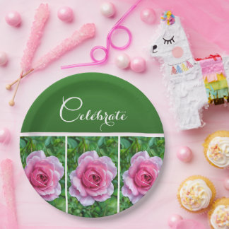 Assiettes En Carton Jolies roses roses dans une rangée - Plaque en pap