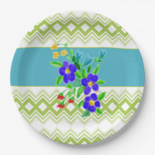 Assiettes En Carton Jolies tôles fleuries en Turquoise et chaux